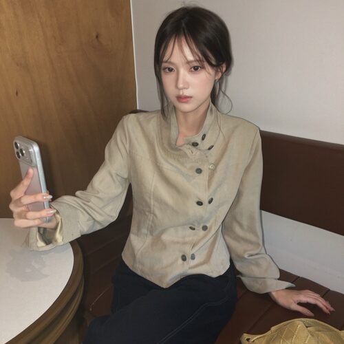 已出货尺码更新韩国chic秋冬新款韩系复古立领双排扣衬衫外套