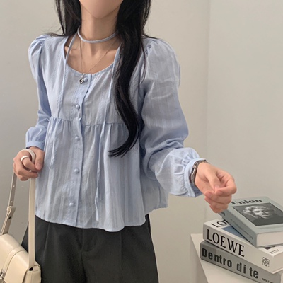有货 韩国ins秋季新款气质学生飘带单排扣提花衬衣女长袖衬衫