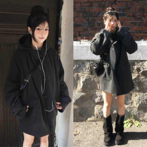 有货 韩国学院风日系复古显瘦连帽插肩袖夹棉中长款毛呢外套大衣