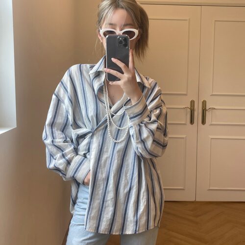 有货 韩国ins秋季新款复古宽松条纹衬衫女长袖衬衣