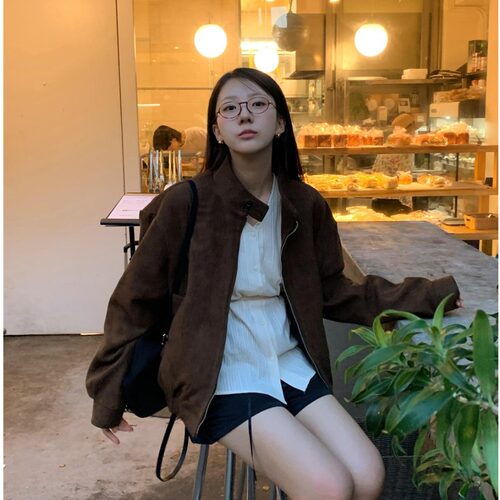 有货 韩国ins秋冬气质学生复古保暖收腰显瘦麂皮绒外套夹克女