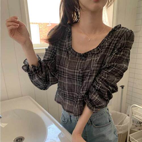 韩国 chic法式复古格纹衬衫女木耳边收腰小众设计感上衣