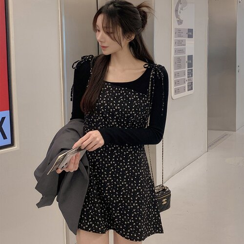 有货 韩国chic气质甜美休闲百搭显瘦碎花系带小个子连衣裙吊带裙
