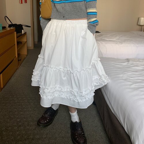 有货 韩国chic法式少女风甜美浪漫小个子木耳花边松紧腰半身裙
