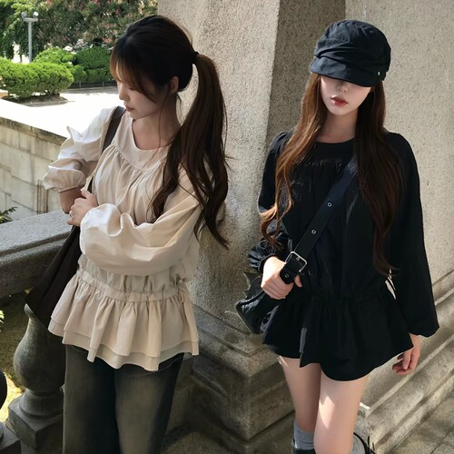 已出货   韩国chic 甜美可爱抽绳收腰百搭长袖连衣裙