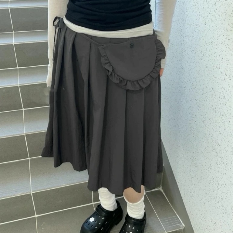 3色日系复古ins风花边系带小包+百褶裙中裙半身裙纯色韩国两件套