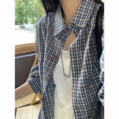韩系复古格子新款衬衫女上衣春秋长袖宽松慵懒外套休闲美式衬衣女