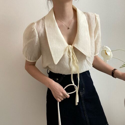 已出货尺码更新chic设计感翻领系带泡泡袖衬衫女气质简约短款衬衣