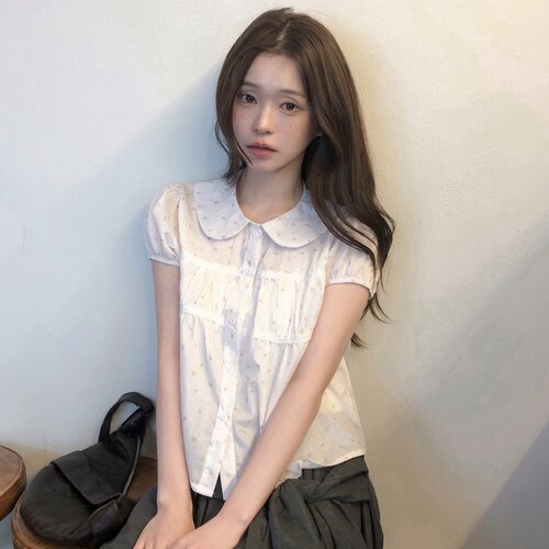 已出货 韩系甜美少女气质娃娃领蕾丝褶皱显瘦泡泡袖可爱衬衫上衣