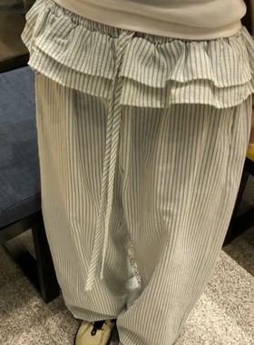 2色新款韩国ins少女褶皱竖条纹荷叶边裙摆抽绳阔腿裤长裤休闲裤