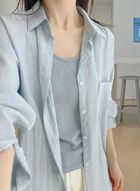 大码蓝色长袖防晒衬衫女外套夏季薄款胖mm显瘦宽松polo领防晒衬衣