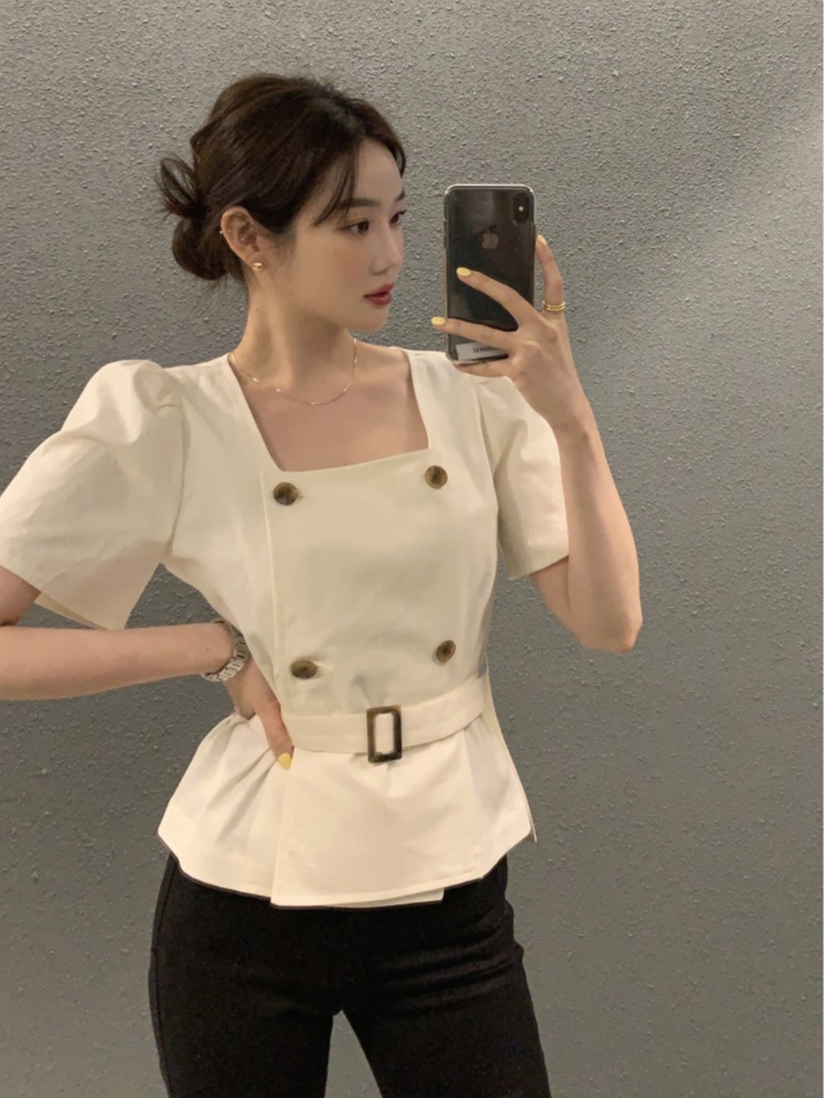 韩国 ins 双排扣 棉麻 短袖 衬衫