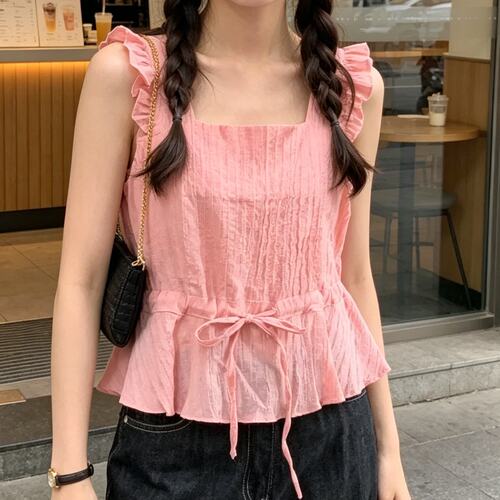 已出货尺码更新韩国chic夏季新款设计款修身系带女短款上衣