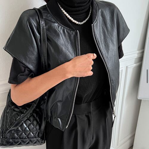 有货韩国chic 炸街高级感黑色无袖夹克秋冬季百搭宽松马甲外套