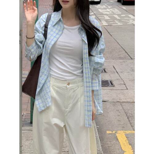 已出货 韩系 小清新撞色格纹翻领薄款防晒衬衫POLO领长袖衬衣