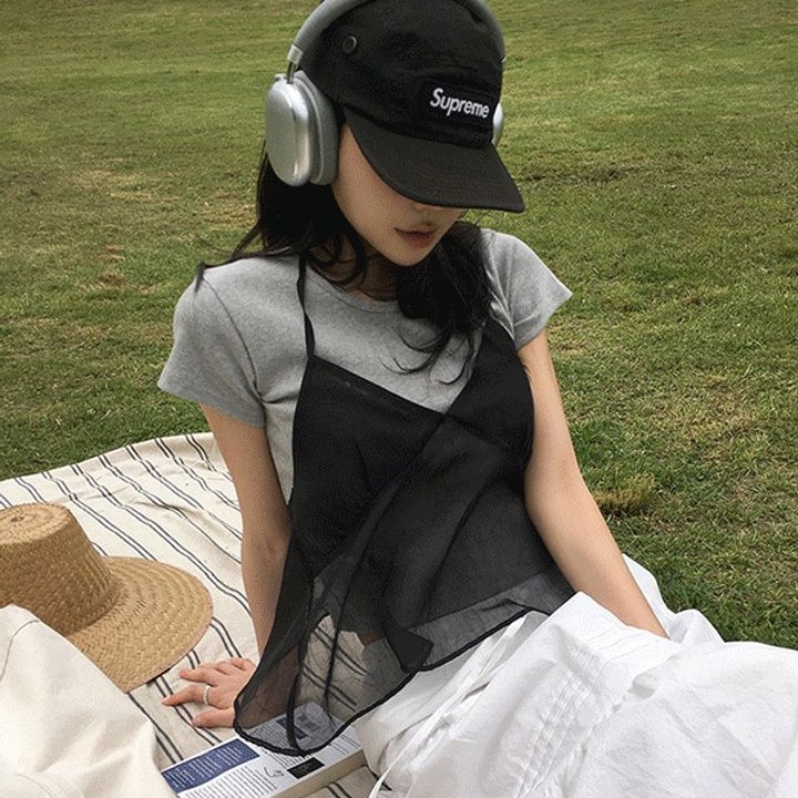 韩国chic 夏日 网纱 雪纺 吊带背心