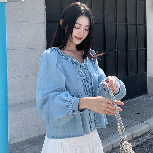 有货chic韩系V领系带木耳边牛仔衬衫女春秋上衣