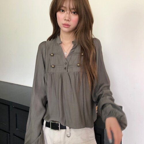 已出货 韩国chic复古拿破仑双排扣V领时髦褶皱泡泡袖衬衫上衣女