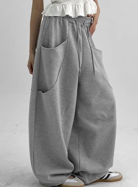 冬季加绒2色韩国ins大口袋设计个性宽松长裤卫裤阔腿裤长裤休闲