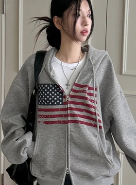 5色加绒加厚冬季韩国复古街头休闲国旗印花拉链开衫外套保暖女