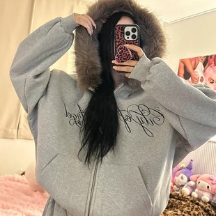 秋冬保暖加绒韩国大毛领英文字母拉链连帽卫衣外套休闲运动宽松