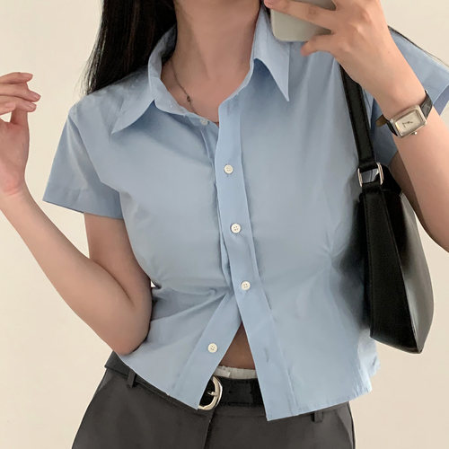 高品质 纯棉韩国chic夏季新款收腰 短袖衬衫女辣妹时尚高腰衬衣