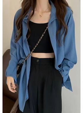 2023秋季新款薄款蓝色防晒衬衫外套女百搭设计感小众宽松上衣衬衣
