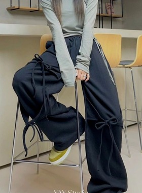 2色冬季加绒 个性韩国复古街头系带绑带宽松长裤阔腿裤卫裤日系