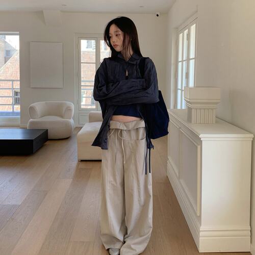 已出 韩系  时尚折叠翻边抽绳腰围宽松直筒休闲裤长裤女