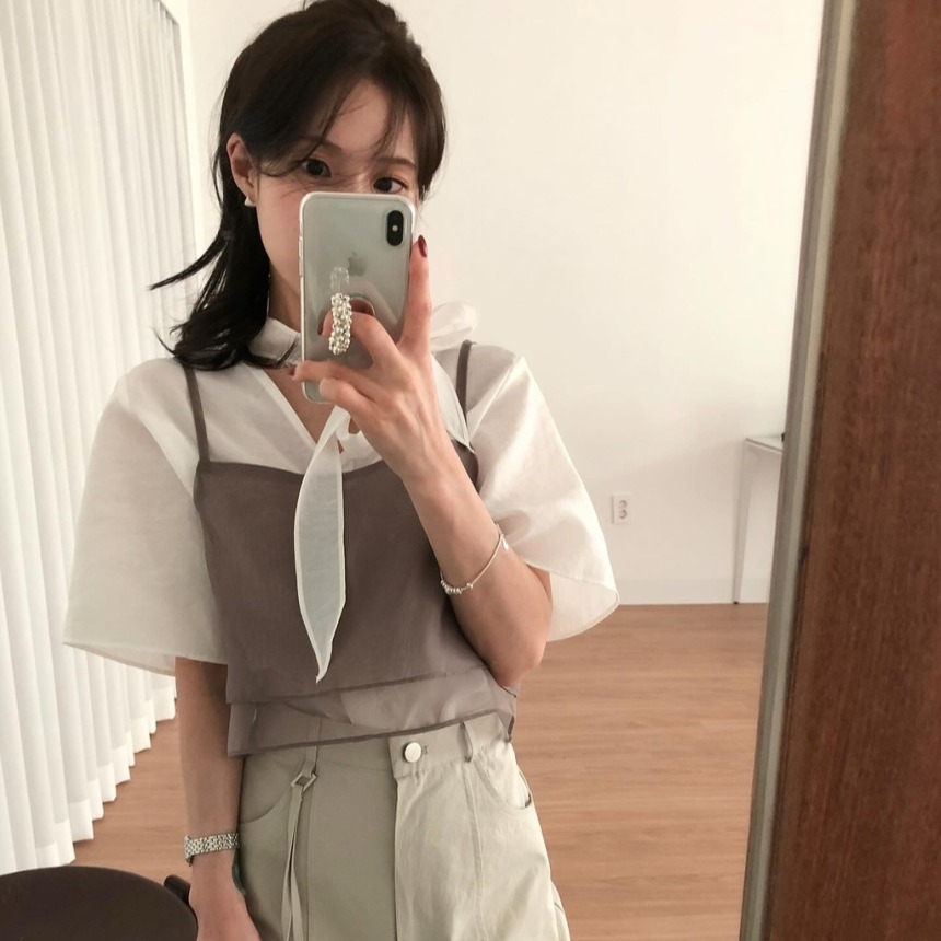 韩国chic 夏日 双层 单排扣  网纱 吊带背心