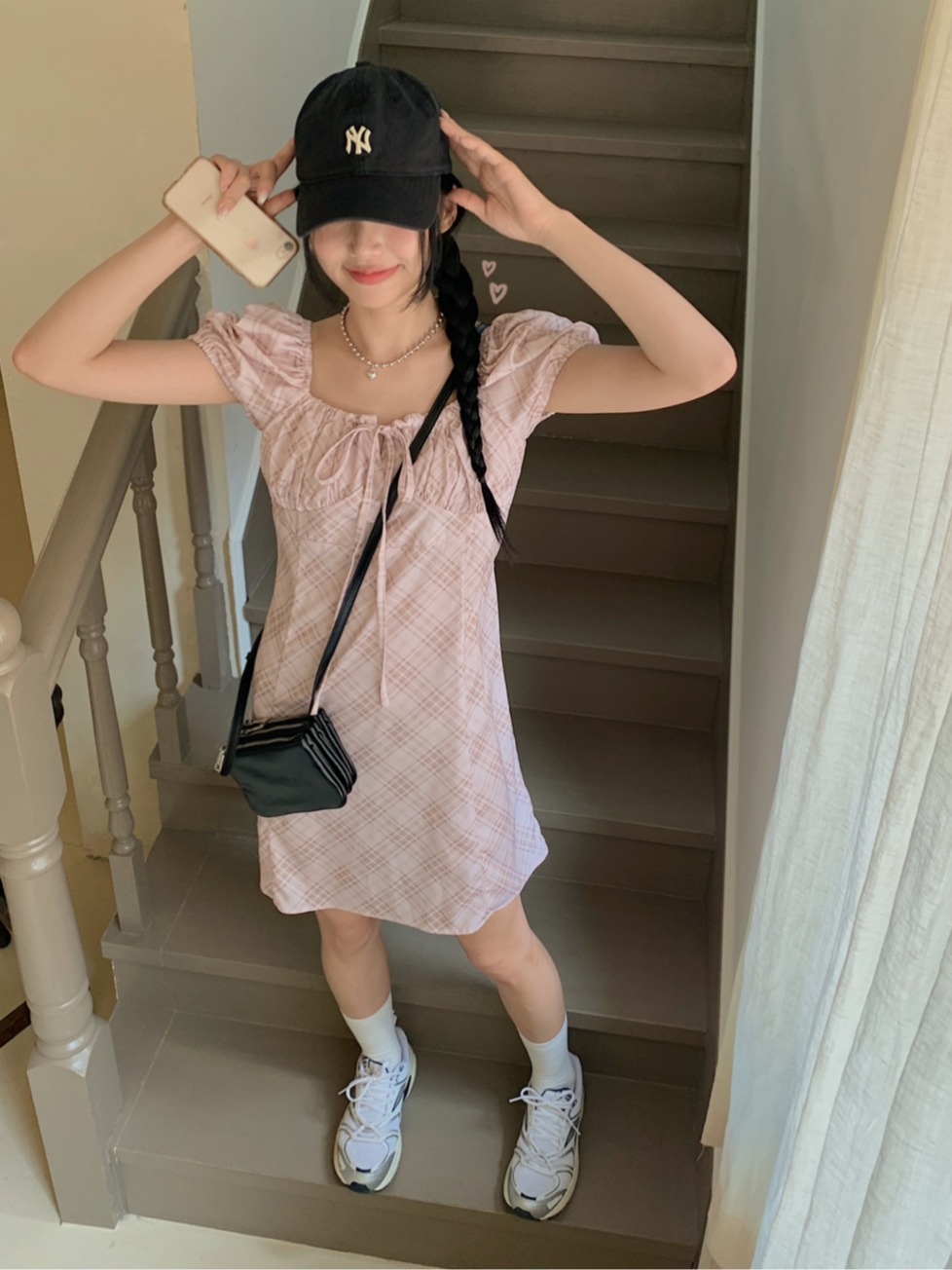 韩国ins夏日气质方领格纹绑带短袖连衣裙