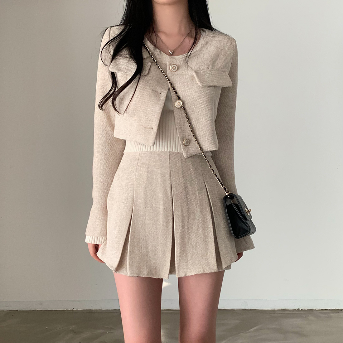 韩国INS秋冬修身短外套花呢外套女+短裙裙裤有内衬气质套装