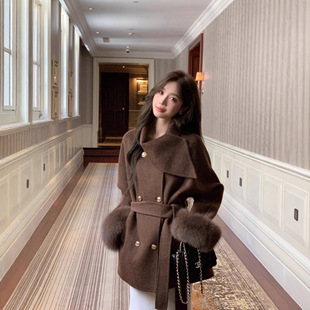名媛风2025新款中长款双面羊绒大衣女狐狸毛羊毛呢韩系千金风皮草