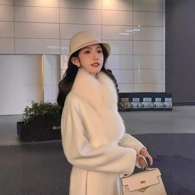 留洋千金2025冬季新款双面羊绒大衣女长款毛呢高级感白色皮草外套