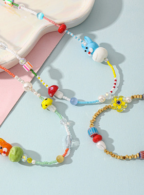 日韩童趣风蓝兔子项链 彩虹米珠串珠蘑菇女生百搭小众设计锁骨链