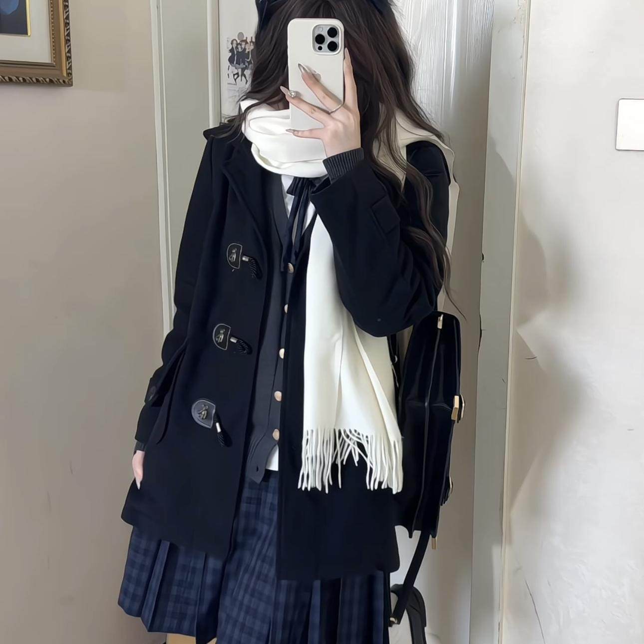 小熊牛角扣大衣/ 喵酱JK制服秋冬女学院风连帽夹棉中长款毛呢外套