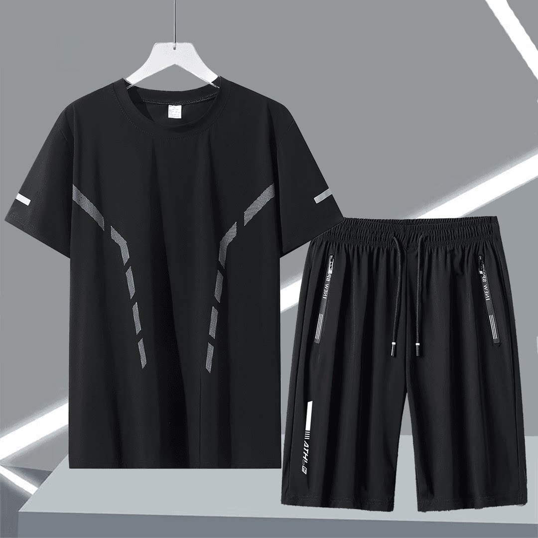 冰感速干运动套装男夏季薄款跑步健身高弹男士冰丝锦纶短袖短裤