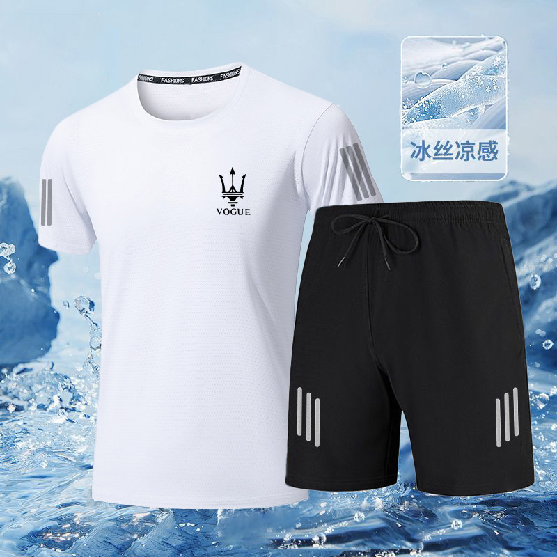 【短袖套装】冰丝运动套装男士夏季薄款短袖T恤跑步速干弹力休闲