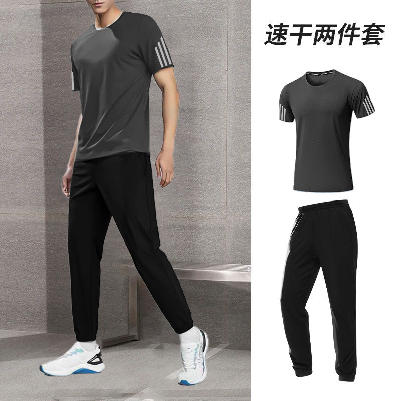 冰感休闲套装男士夏季透气速干弹力短袖长裤男圆领运动服套装男潮
