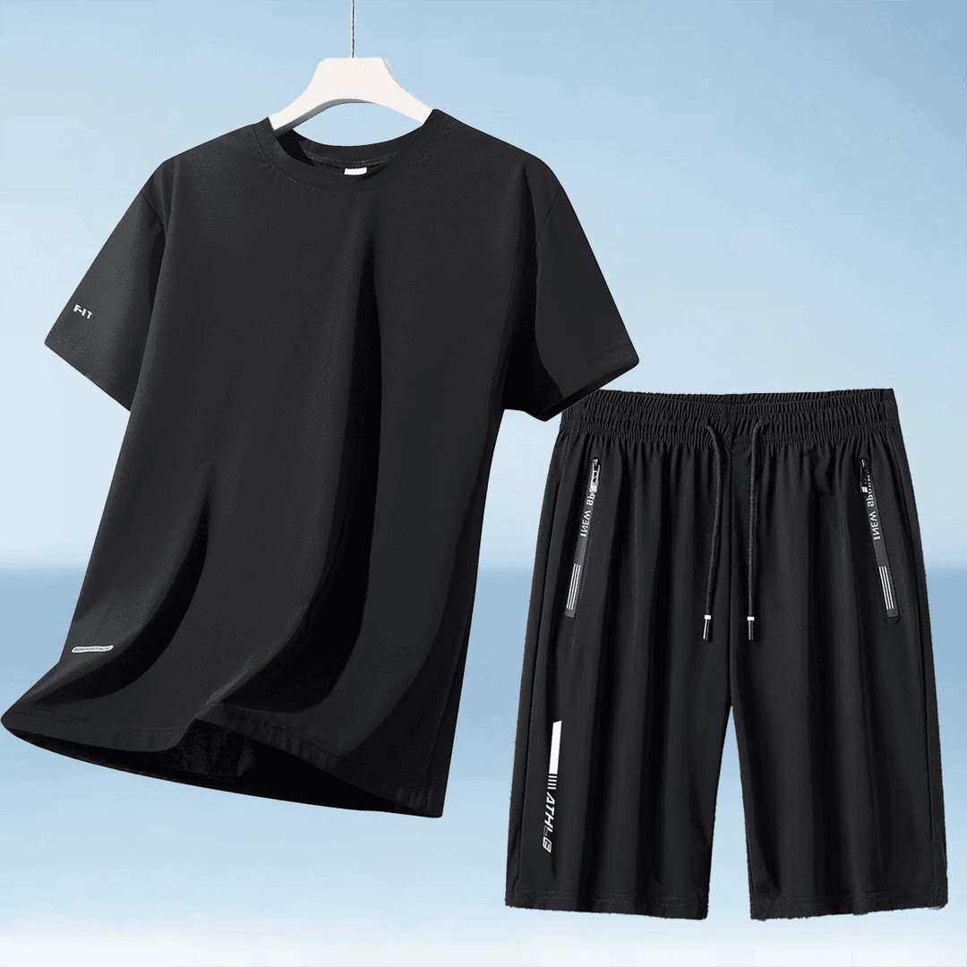 冰丝运动套装男士休闲夏季薄款短袖跑步速干大码弹力长裤