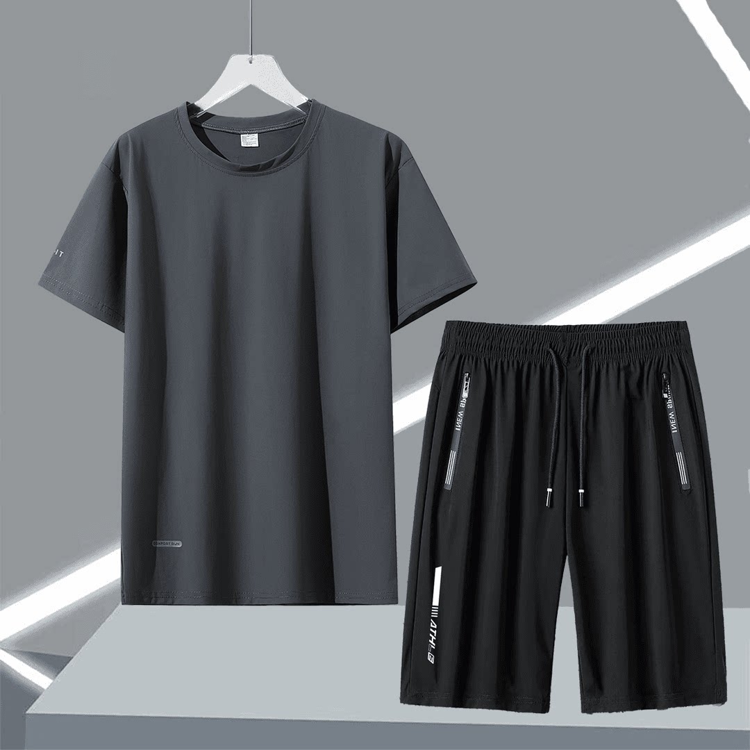 冰感速干运动套装男夏季薄款跑步健身高弹男士冰丝锦纶短袖短裤