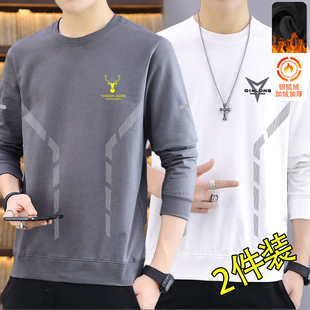 休闲加绒卫衣男士冬季新款黑白灰色宽松圆领套头长袖运动上衣外套