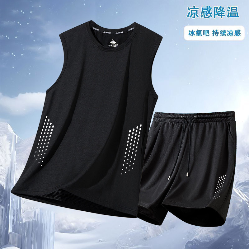 【2件套】冰丝凉感背心短裤男夏季薄款透气速干网眼无袖t恤裤子图片