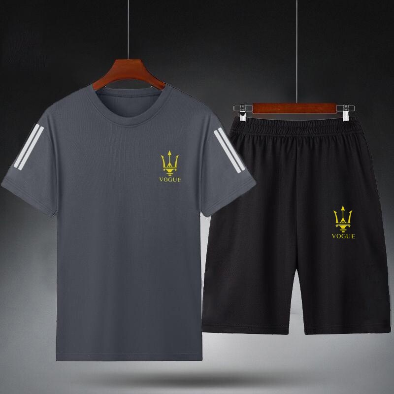 休闲运动套装男士夏季冰丝二件套宽松圆领大码透气短袖T恤短裤