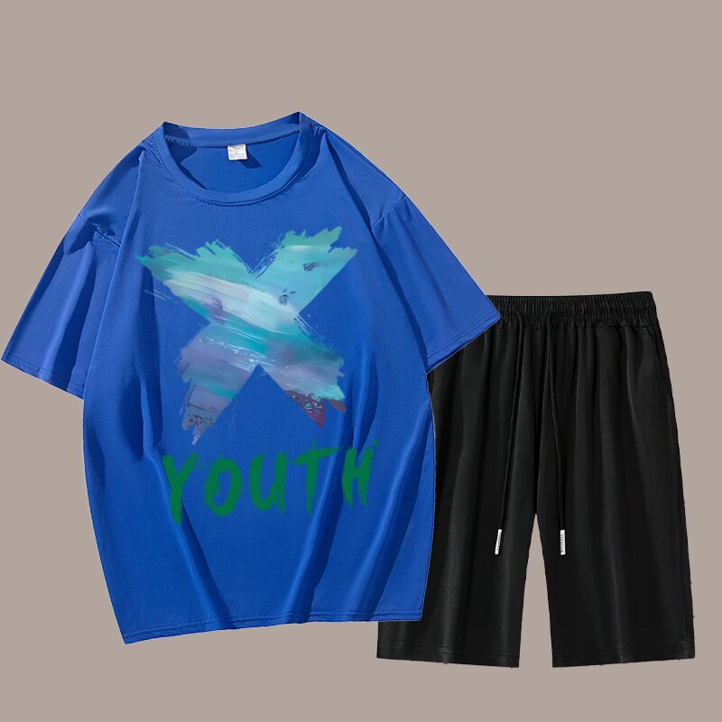 两件装套装短袖t恤男士夏季印花五分裤男上衣服情侣套装运动潮牌