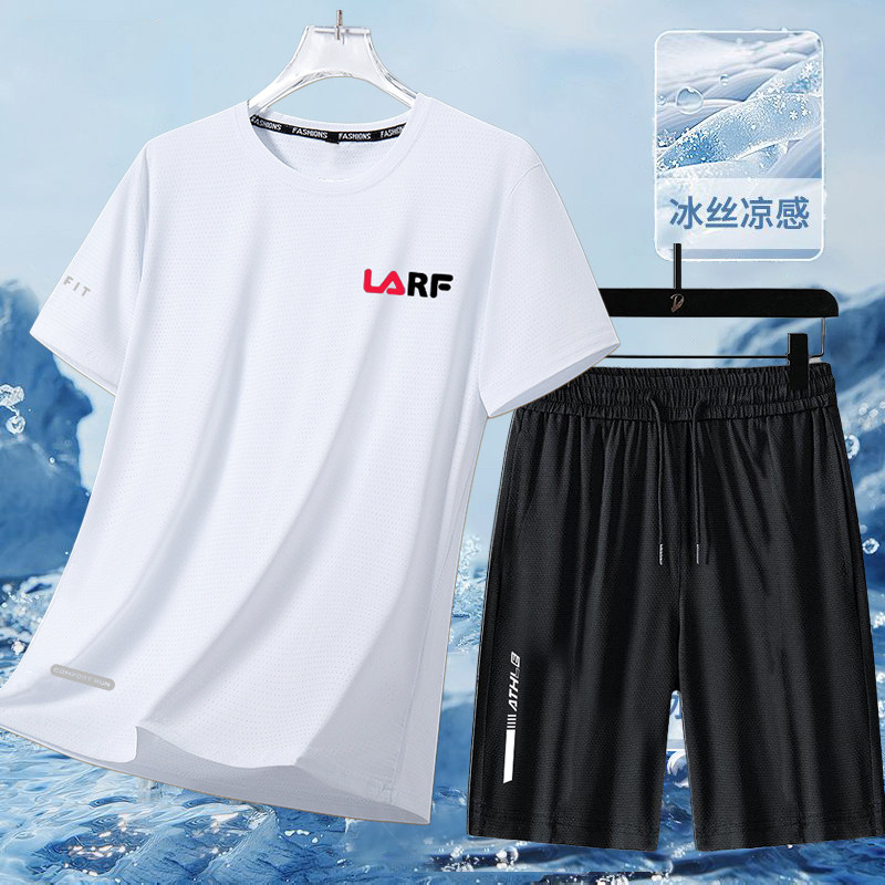 冰感休闲套装男士夏季透气速干弹力短袖短裤男圆领运动服套装男潮