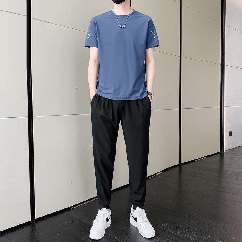 冰丝休闲运动套装男夏季男士户外圆领短袖薄款弹力透气两件套