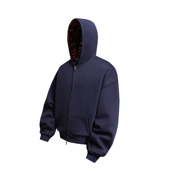 2000件格子拼接320g美式复古连帽卫衣拉链外套3DWY615P45，女装短外套，电商A030-1