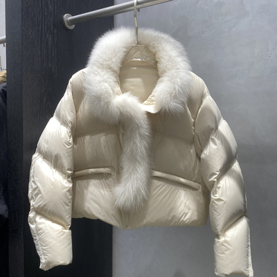 高级大毛领短款羽绒服女加厚保暖蓬松面包服25年90白鸭绒抽绳收腰