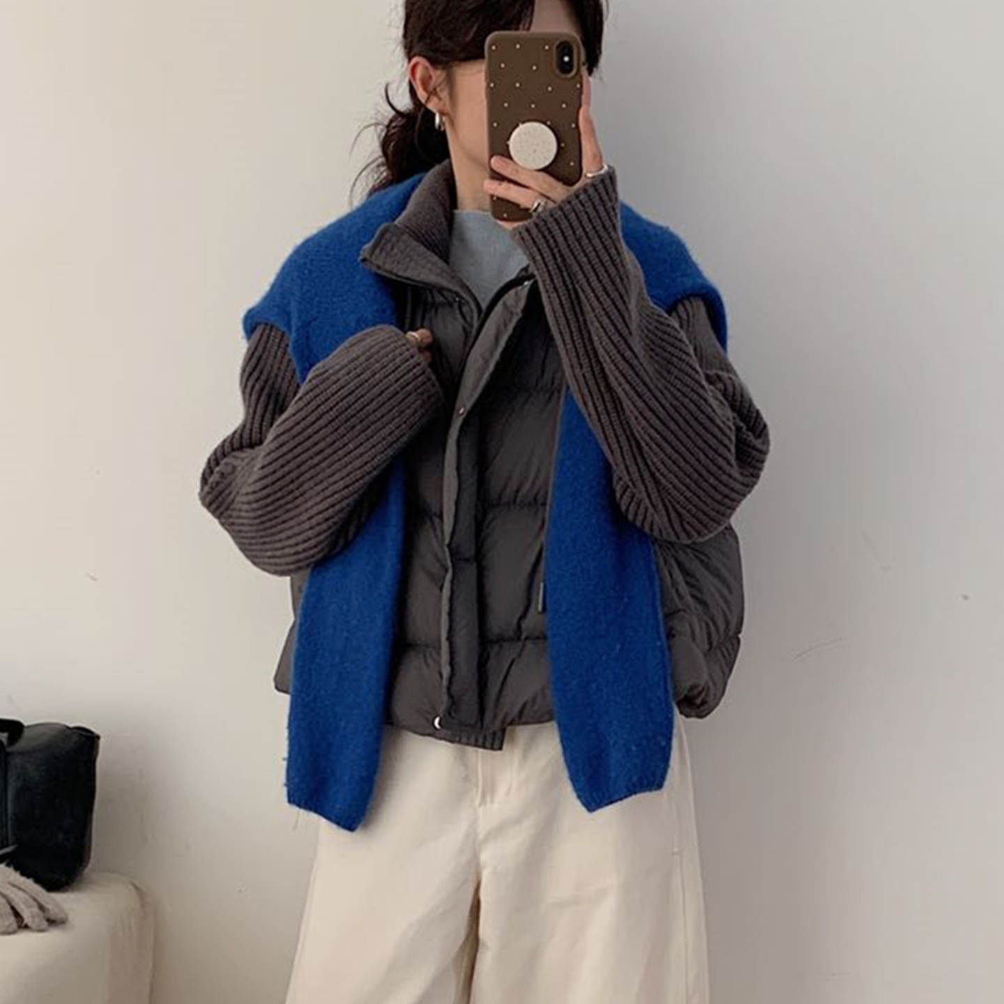 2025年韩版立领短款羽绒服女灰色针织拼接保暖百搭外套冬季新款女